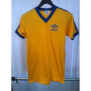 Vintage Men’s 1980s Adidas Yellow & Royal Blue V-Neck T-Shirt Size Small
